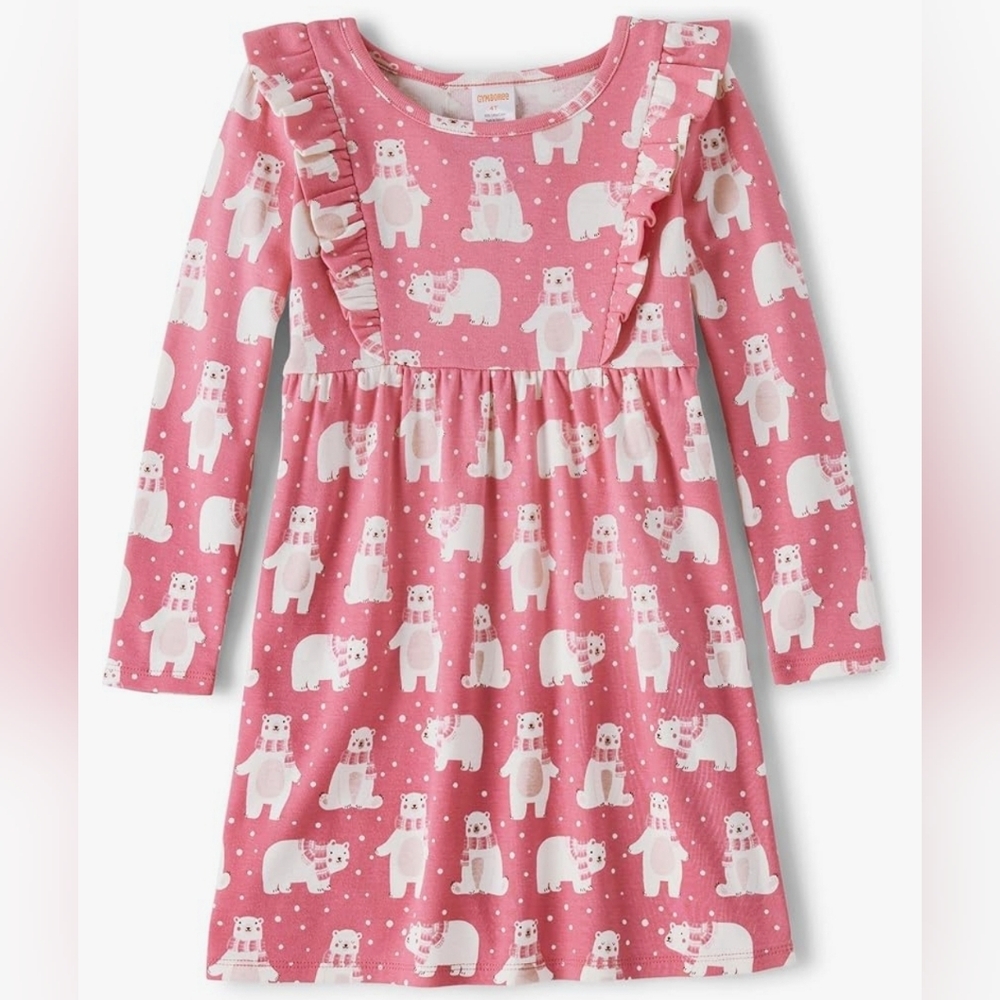 Gymboree Dress Pink Bear Print Long Sleeve Ruffle Stretch Cotton Sz 18-24mo NEW